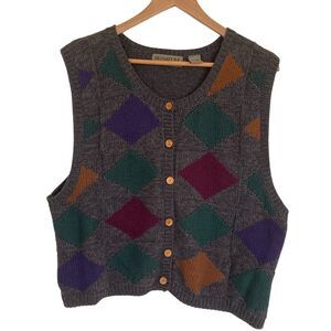 Vintage Signature Expressions Womens Argyle Vest Size 2X Grey Button Front‎